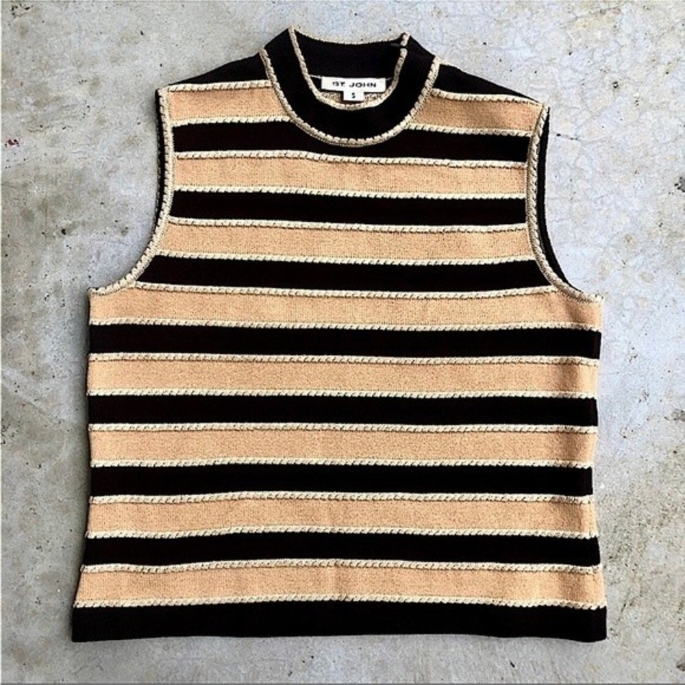 St. John Knit Top Mock Neck Sleeveless Tank Metallic Striped Brown S